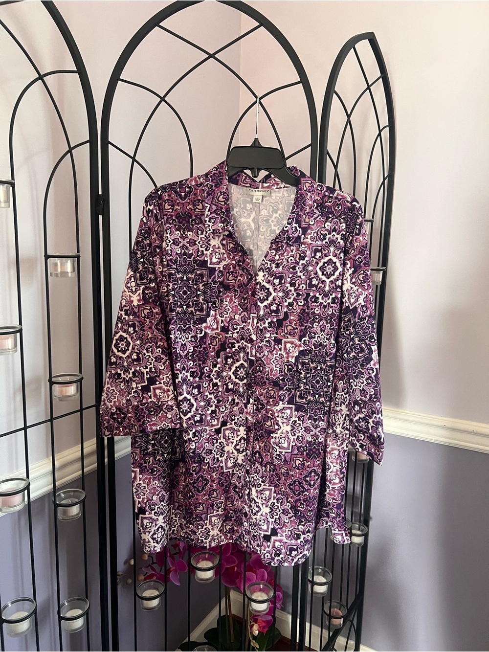 Catherines Purple and White Geometric Print Button-Up Shirt